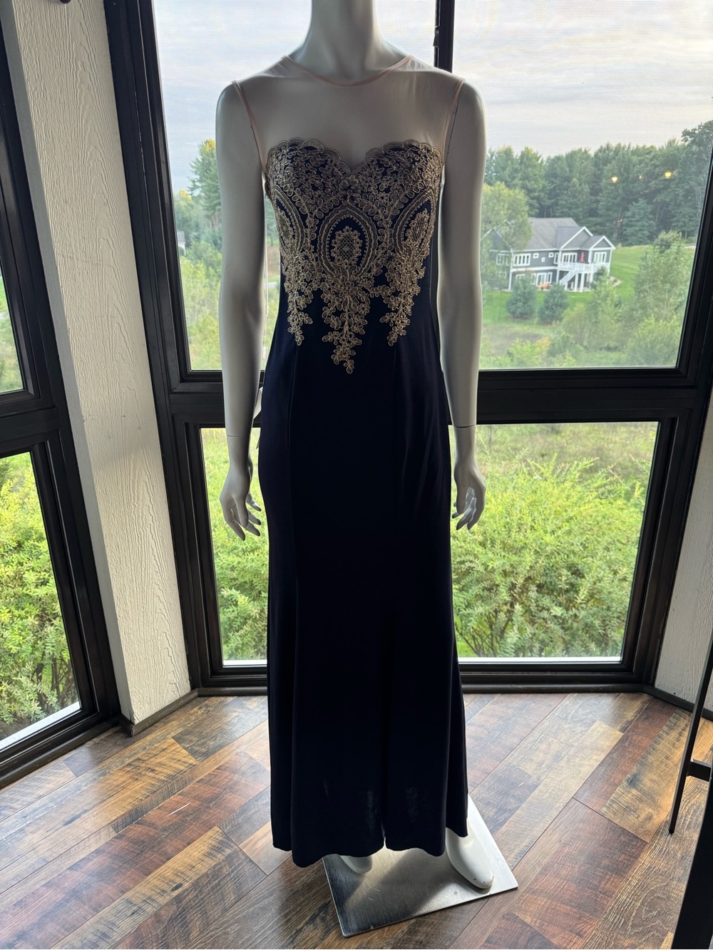 NWT Elegant Navy Evening Gown with Gold Embroidered Bodice